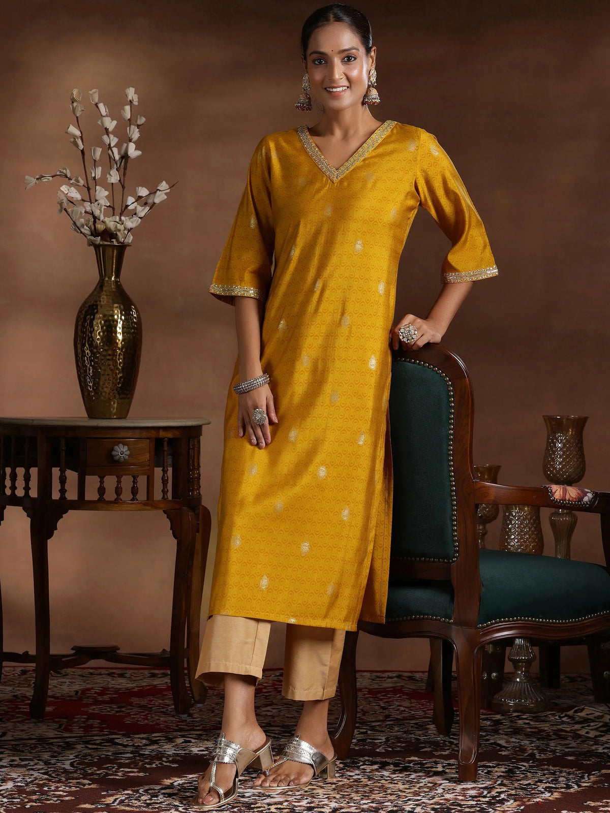 Libas Mustard Printed Silk Straight Kurta