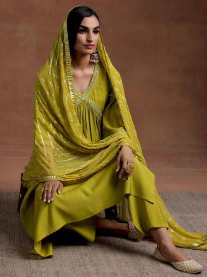 Gerua Olive Solid Silk Blend A-Line Kurta With Trousers & Dupatta