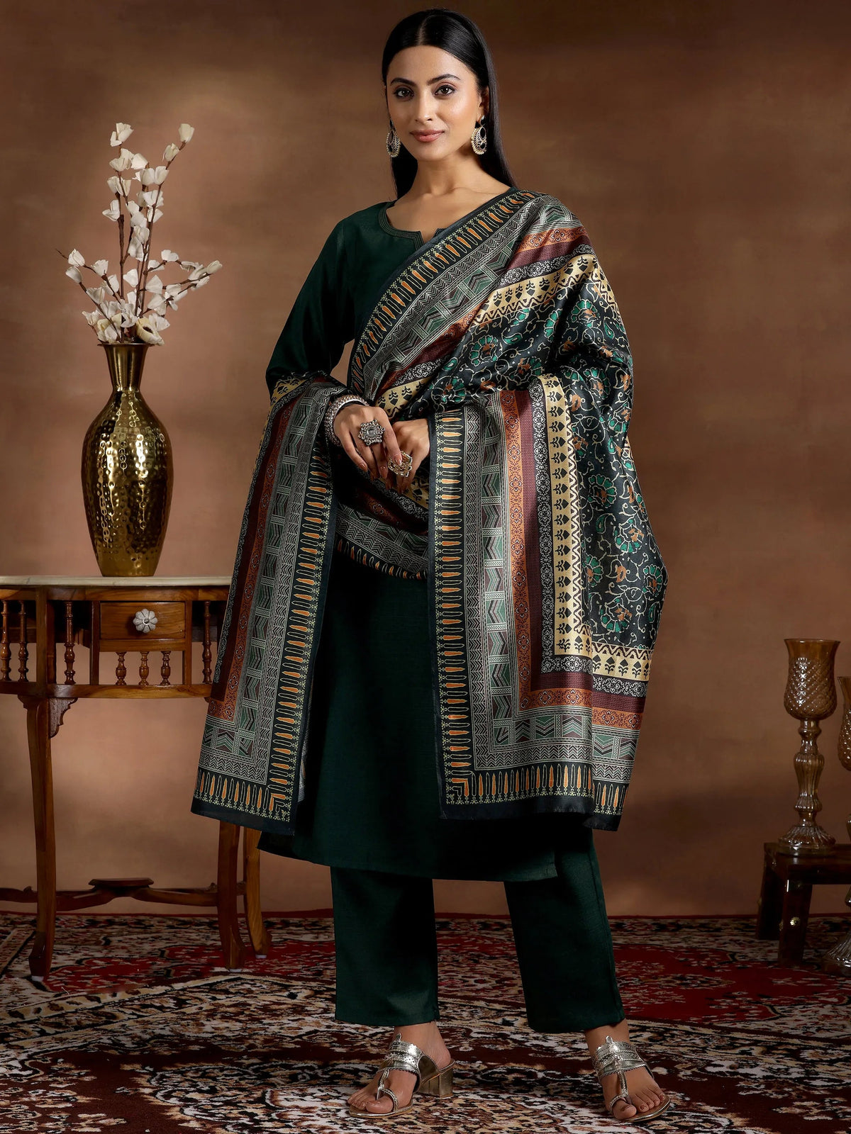 Gerua Green Solid Cotton Blend Straight Suit With Dupatta