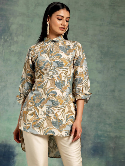 Libas Beige Printed Silk Blend A-Line Kurti
