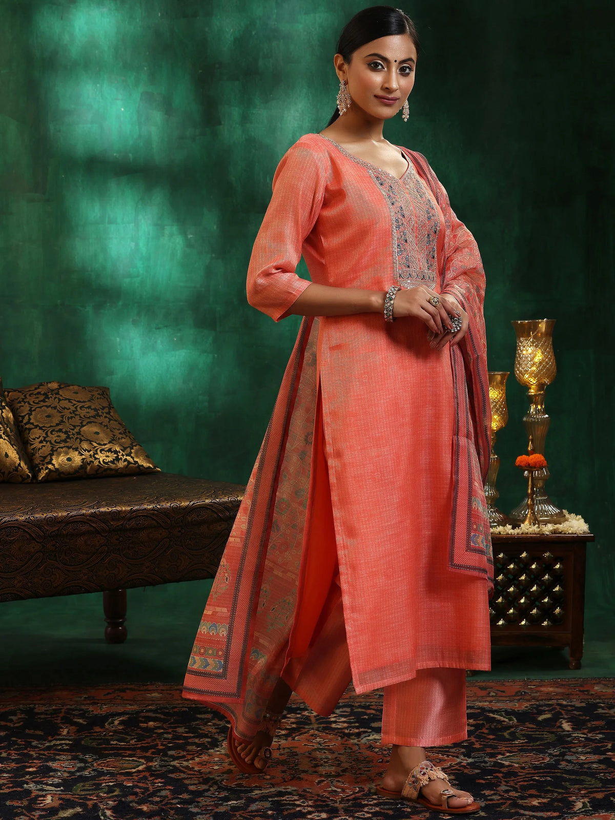 Libas Peach Yoke Design Silk Blend Straight Suit With Dupatta