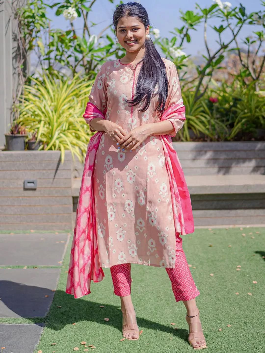 Libas Pink Printed Silk Blend Straight Kurta With Trousers & Dupatta