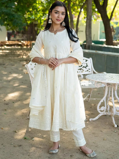 Libas Off White Embroidered Cotton Anarkali Suit Set With Trousers