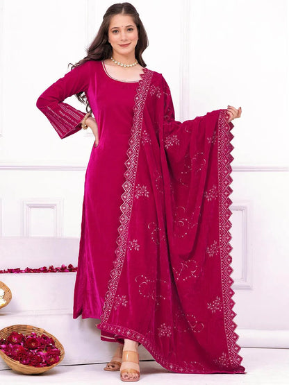 Libas Pink Solid Velvet Straight Suit With Dupatta