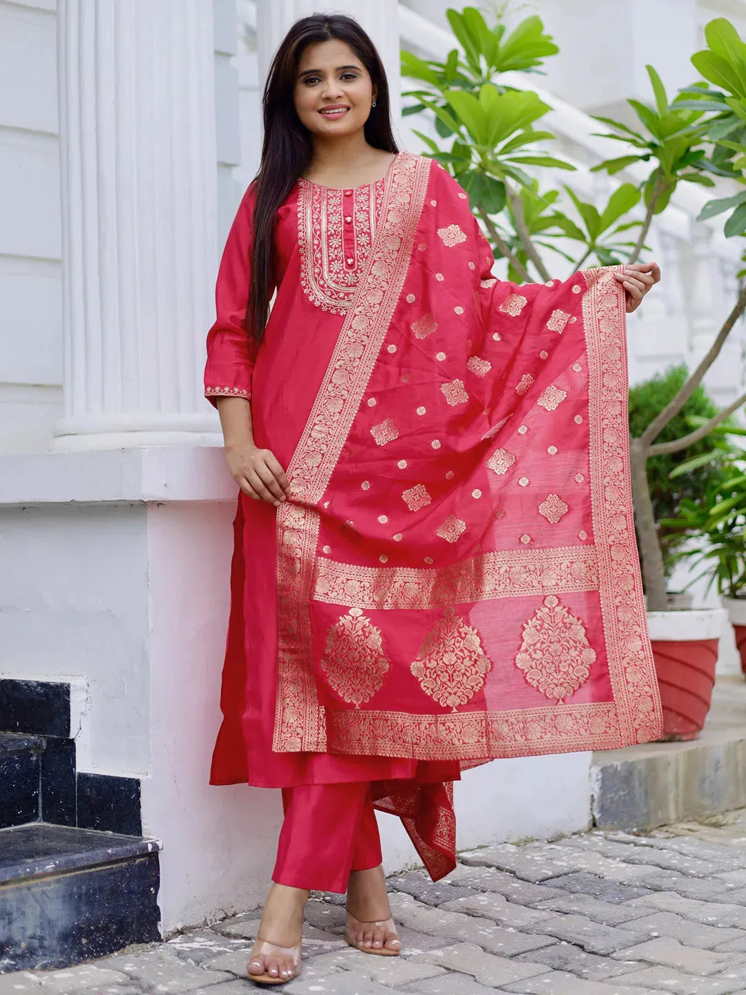 Libas Pink Yoke Design Silk Blend Straight Suit With Dupatta