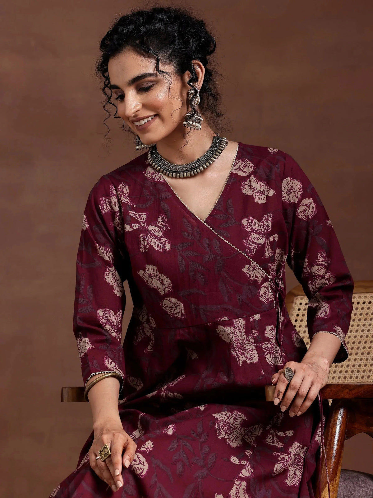 Libas Maroon Printed Cotton A-Line Kurta With Trousers