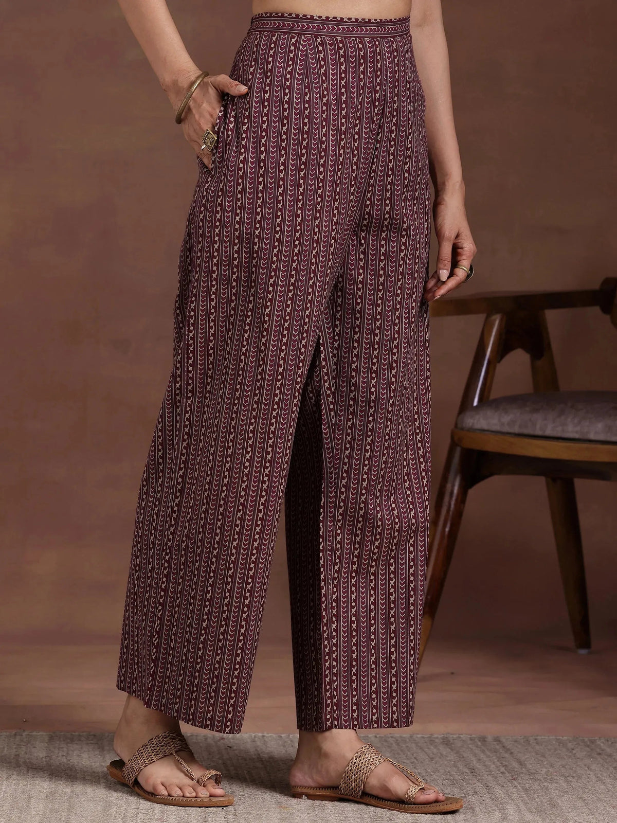 Libas Maroon Printed Cotton A-Line Kurta With Trousers