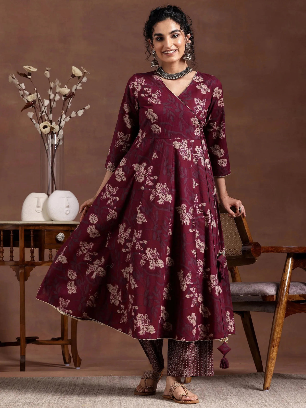 Libas Maroon Printed Cotton A-Line Kurta With Trousers