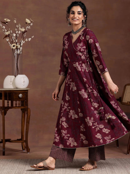 Libas Maroon Printed Cotton A-Line Kurta With Trousers