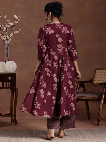 Libas Maroon Printed Cotton A-Line Kurta With Trousers
