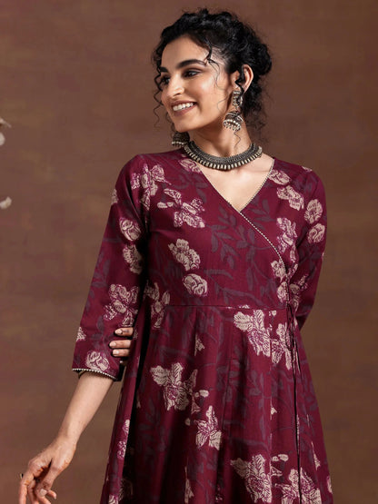 Libas Maroon Printed Cotton A-Line Kurta With Trousers