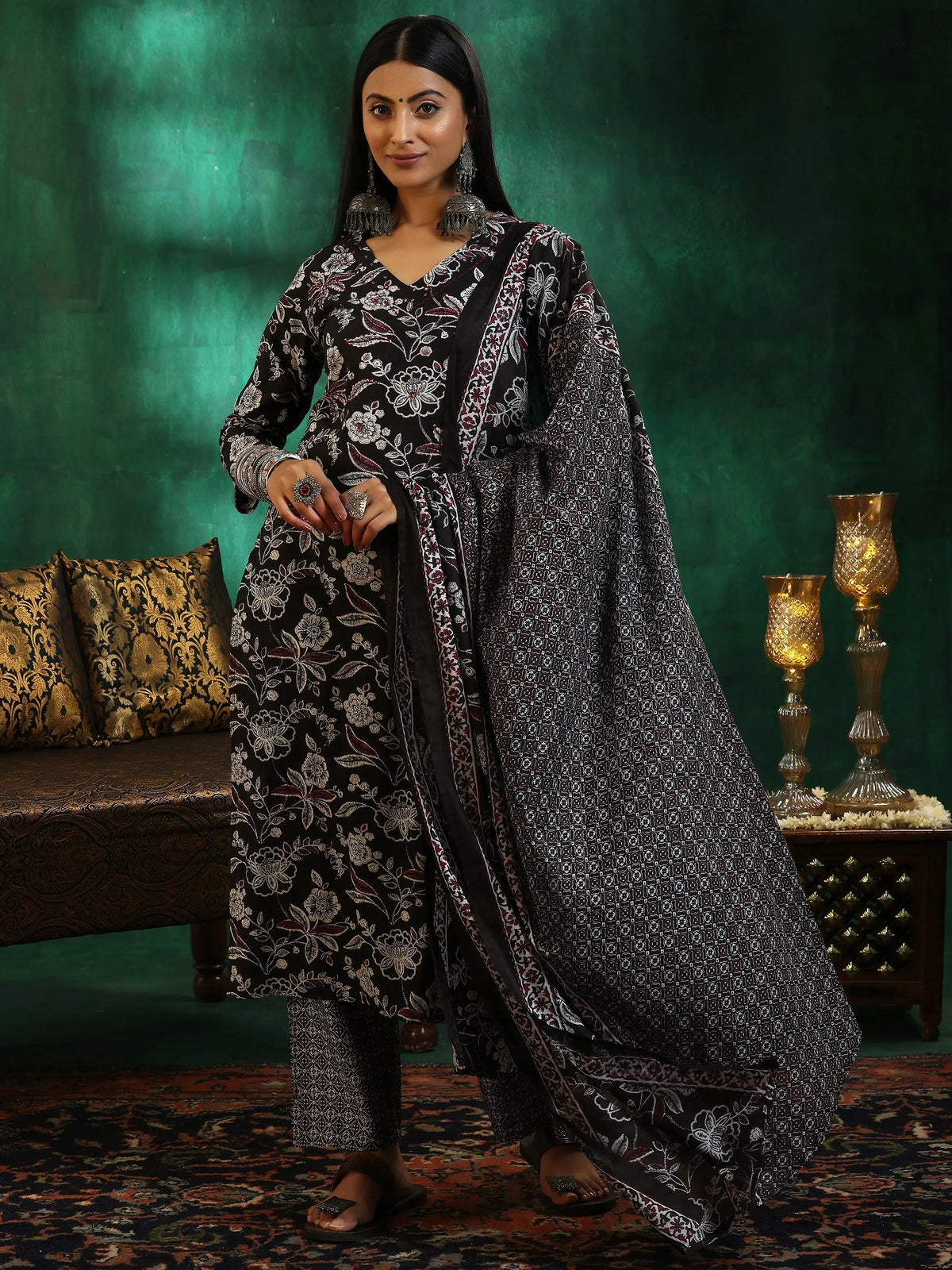 Libas Black Printed Cotton Straight Suit With Dupatta