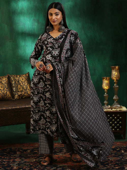 Libas Black Printed Cotton Straight Suit With Dupatta