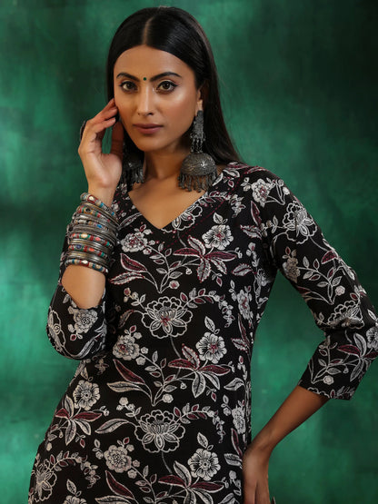Libas Black Printed Cotton Straight Suit With Dupatta