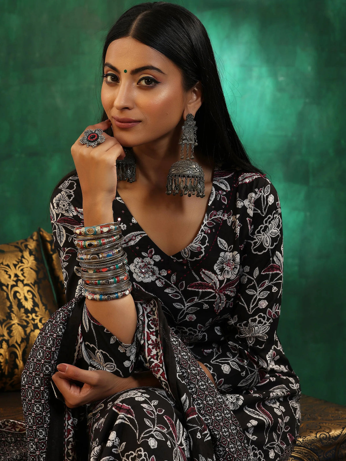 Libas Black Printed Cotton Straight Suit With Dupatta