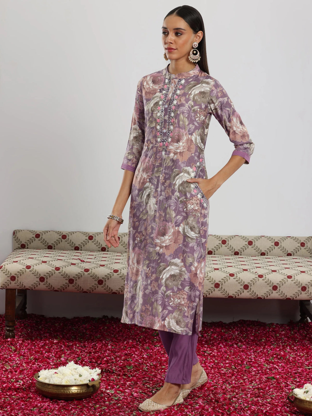 Libas Lavender Printed Silk blend Straight Suit With Dupatta