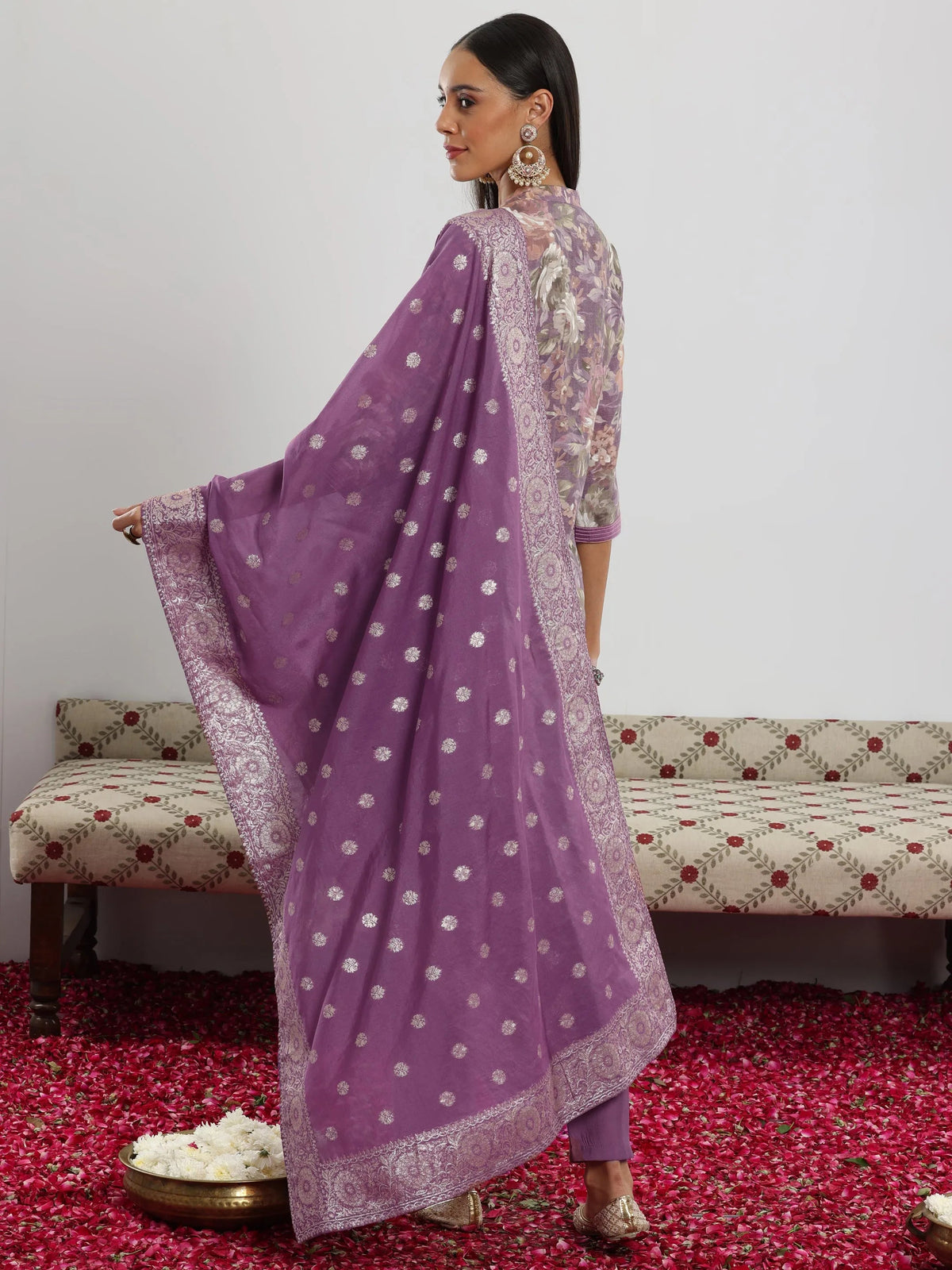 Libas Lavender Printed Silk blend Straight Suit With Dupatta