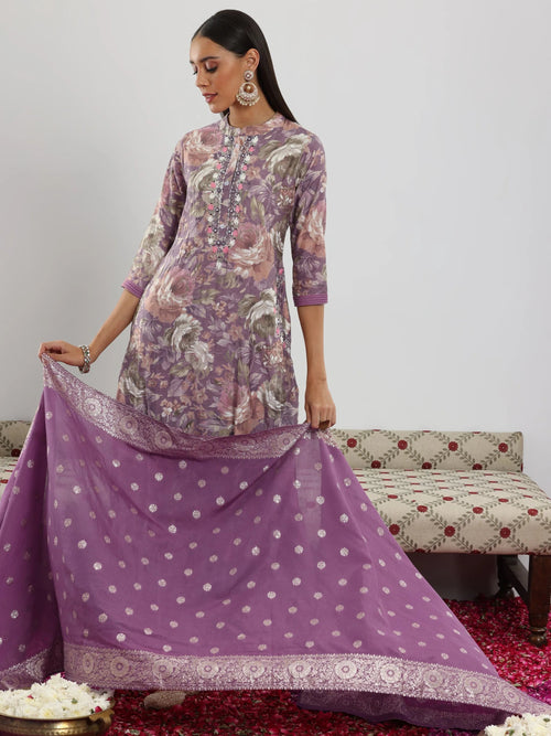 Libas Lavender Printed Silk blend Straight Suit With Dupatta