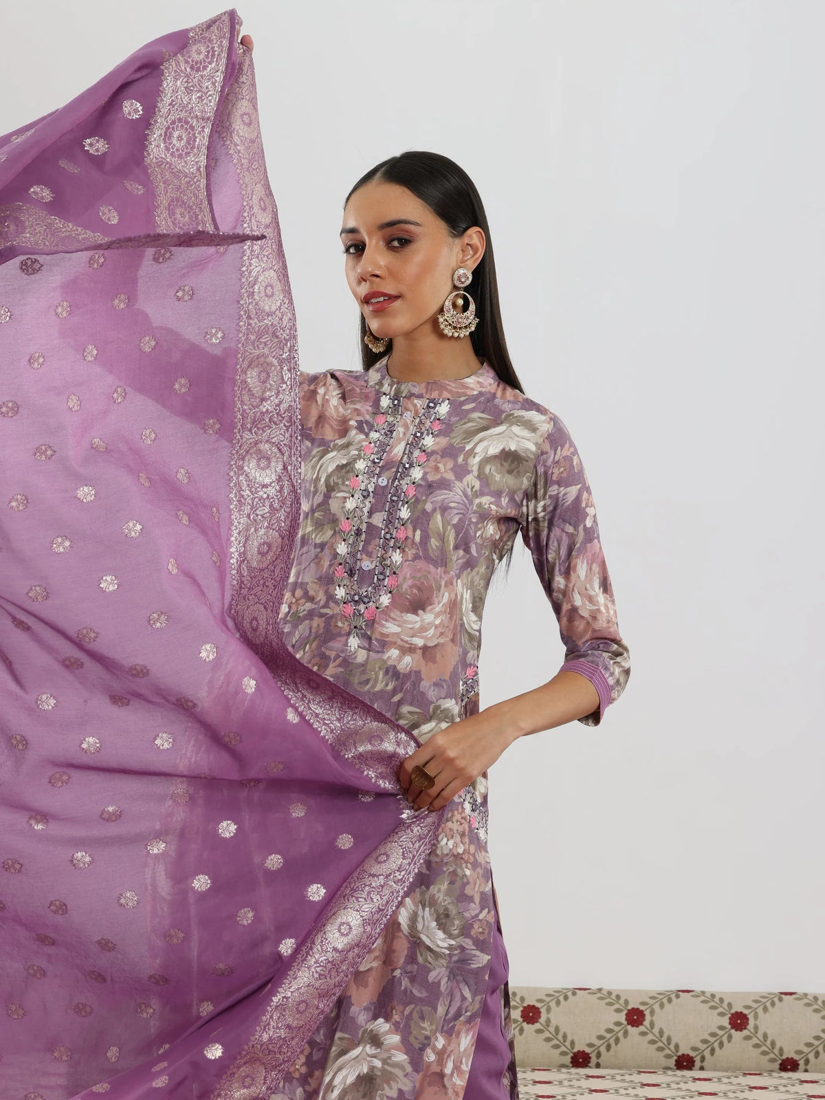 Libas Lavender Printed Silk blend Straight Suit With Dupatta