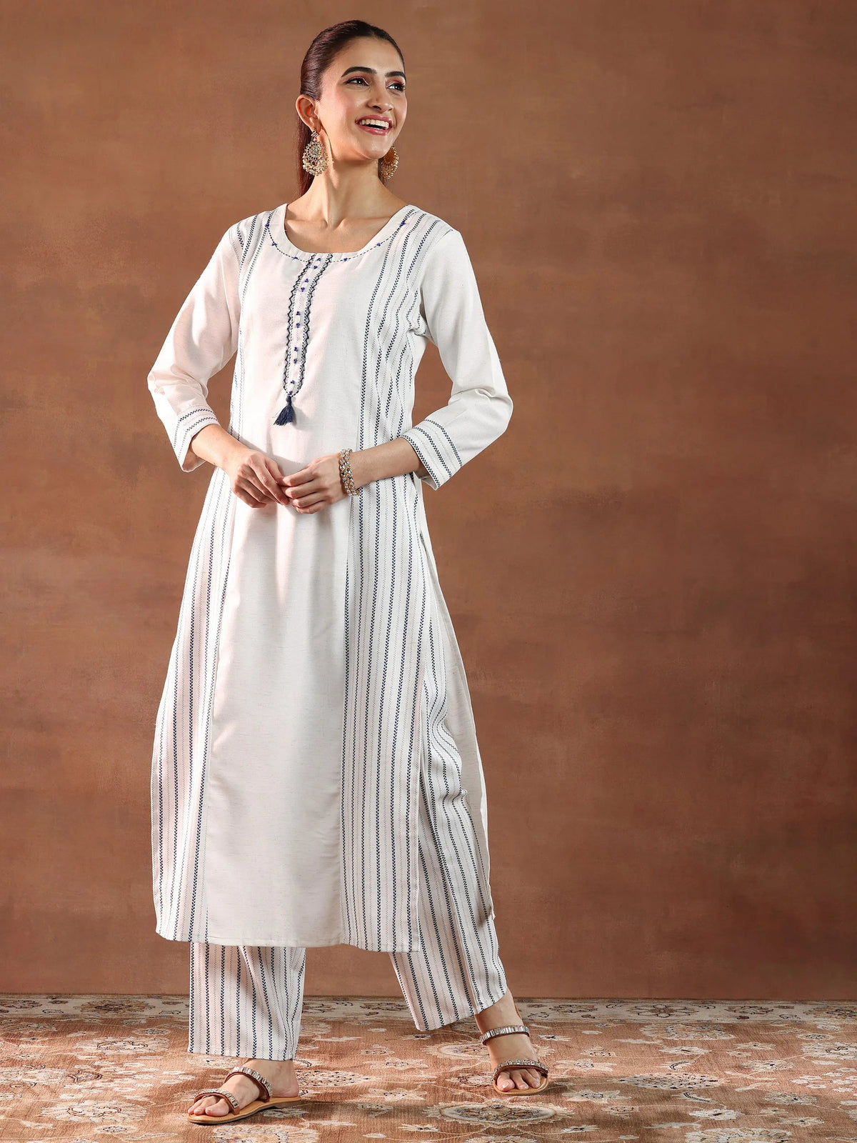 Libas Off White Printed Cotton Blend Straight Suit With Dupatta