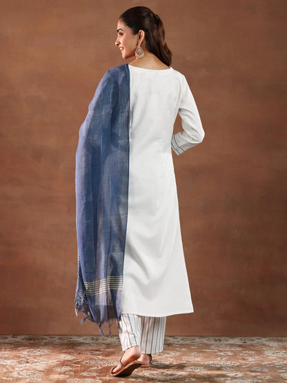 Libas Off White Printed Cotton Blend Straight Suit With Dupatta