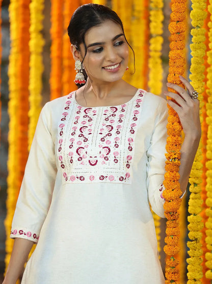 Libas Off White Yoke Design Cotton Blend Straight Suit With Dupatta