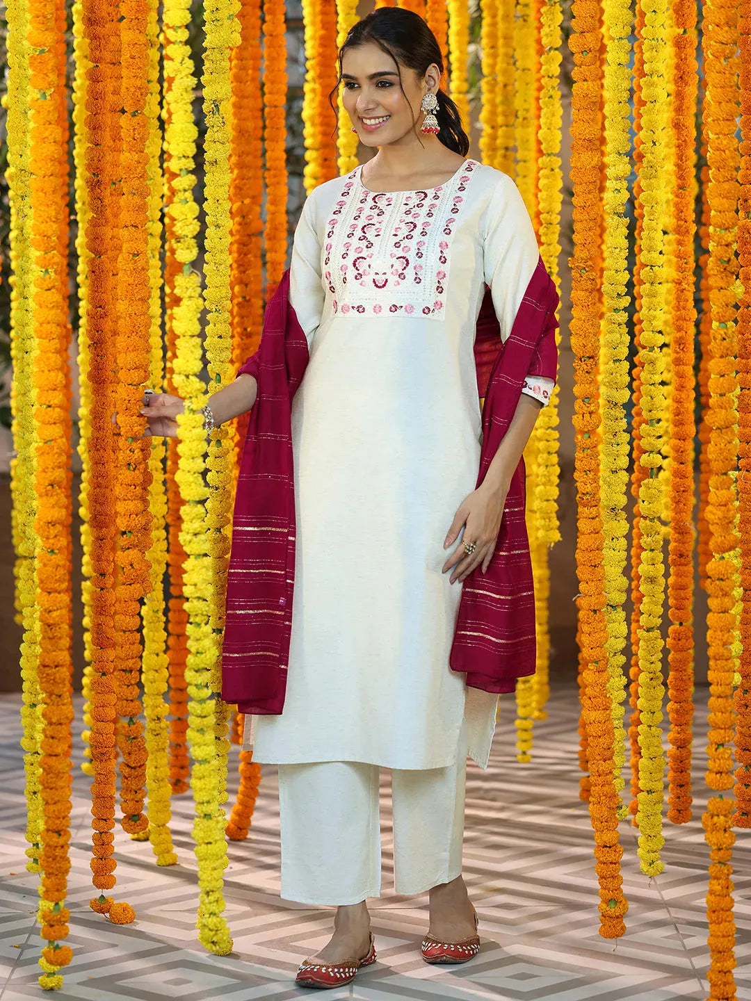 Libas Off White Yoke Design Cotton Blend Straight Suit With Dupatta