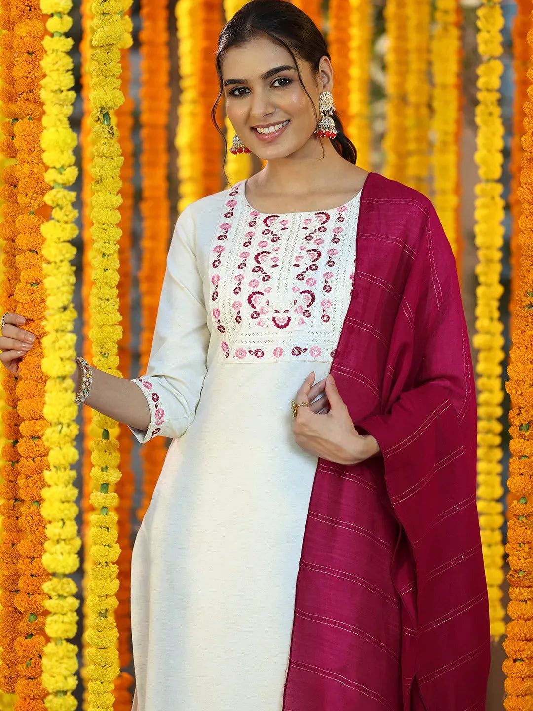 Libas Off White Yoke Design Cotton Blend Straight Suit With Dupatta