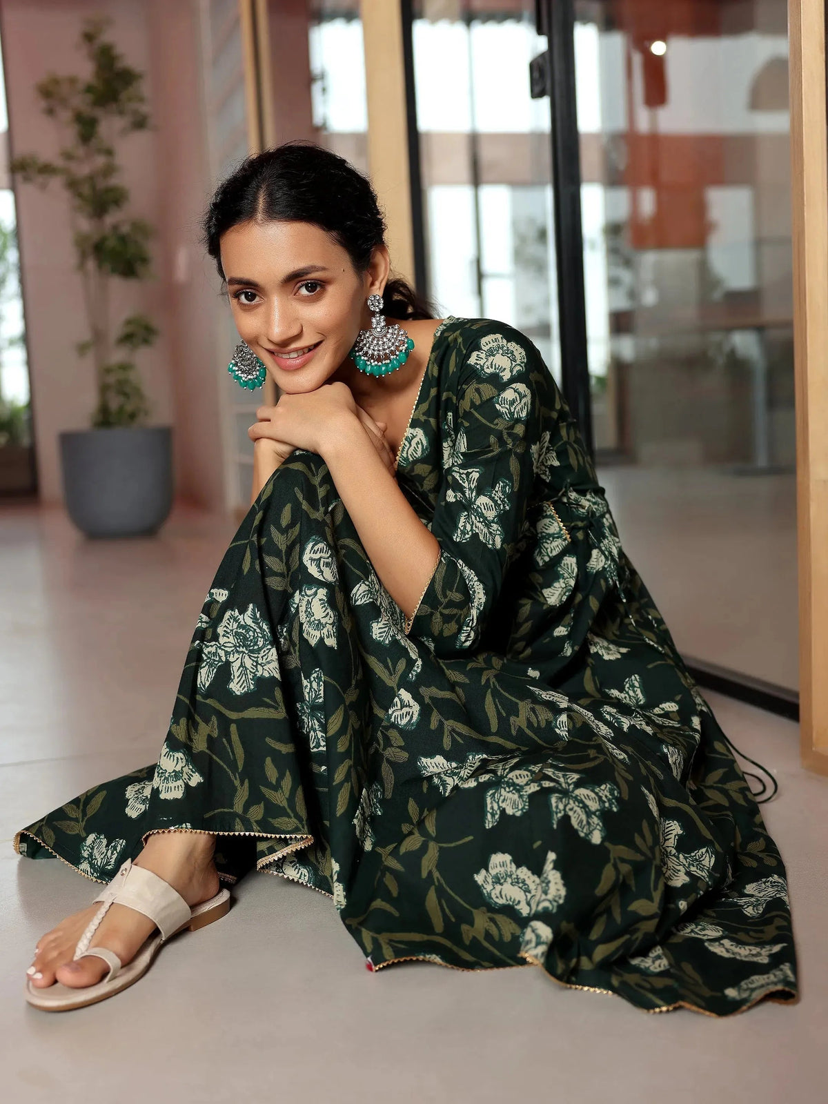 Libas Green Printed Cotton Anarkali Kurta Set