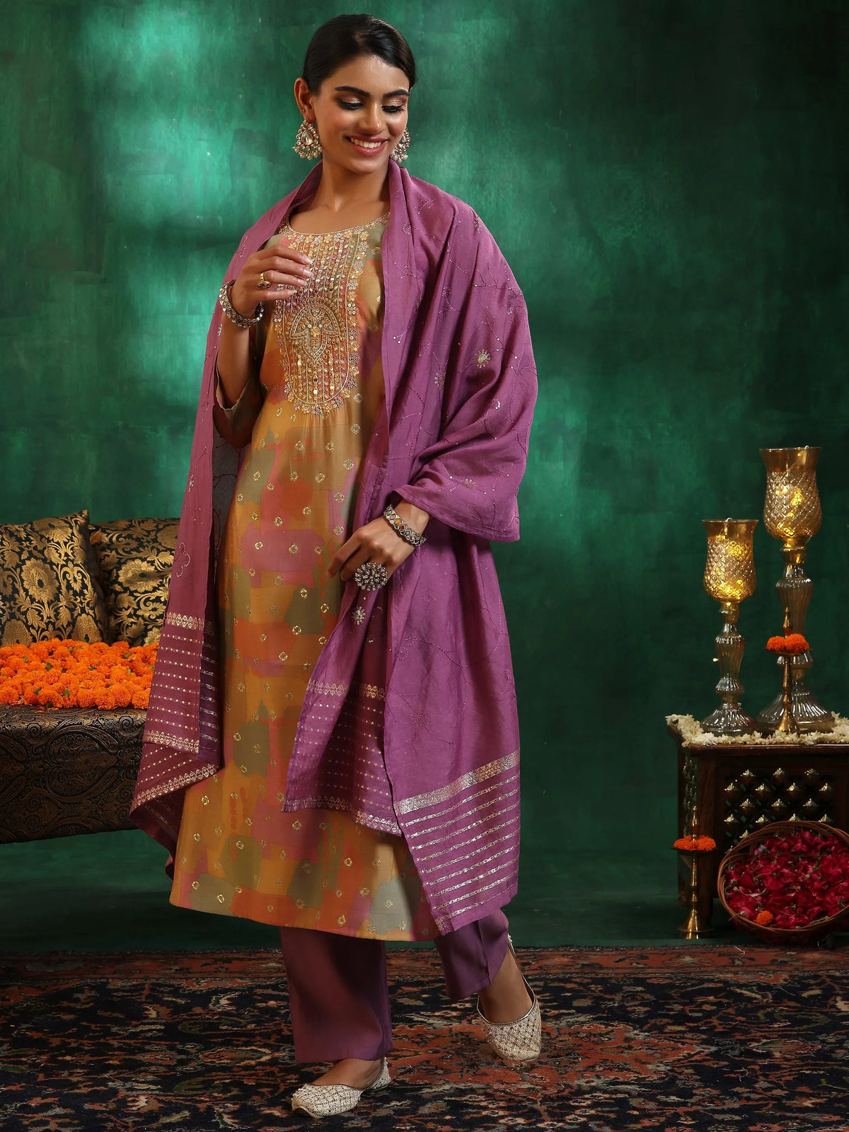 Libas Multicoloured Printed Silk Blend Straight Suit With Dupatta