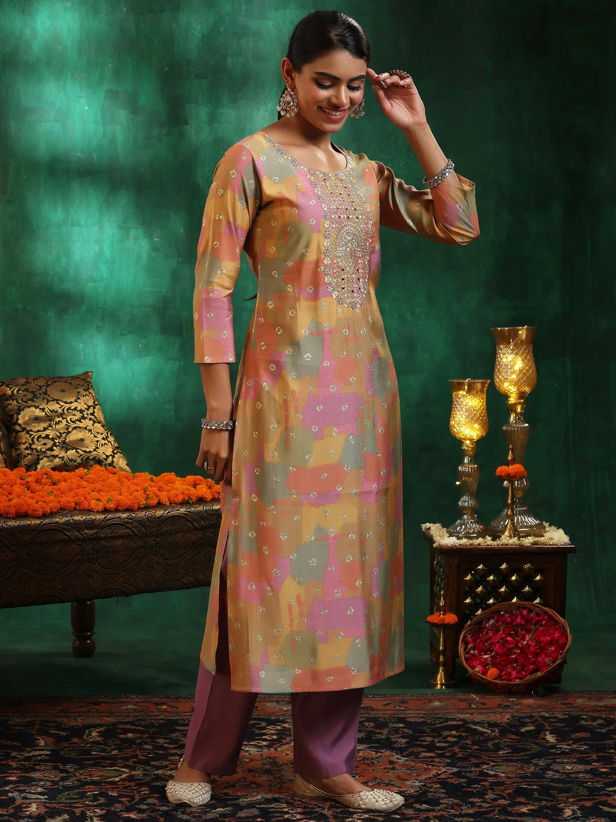 Libas Multicoloured Printed Silk Blend Straight Suit With Dupatta