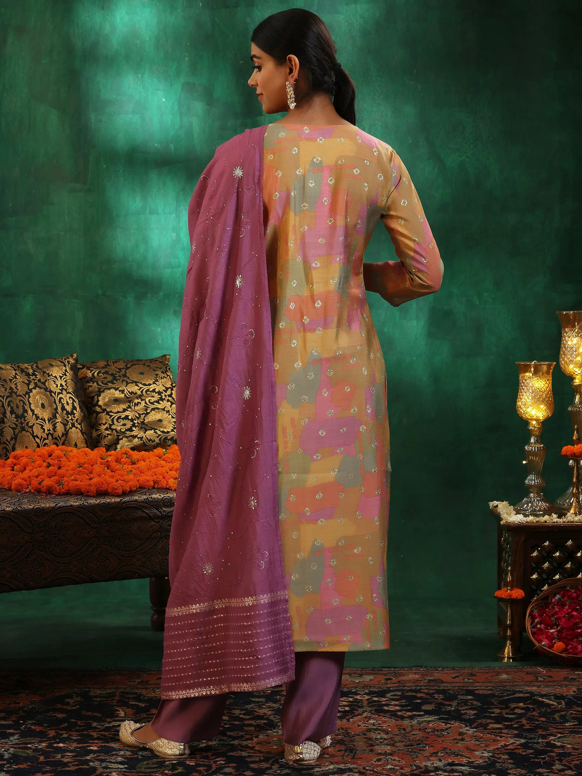 Libas Multicoloured Printed Silk Blend Straight Suit With Dupatta