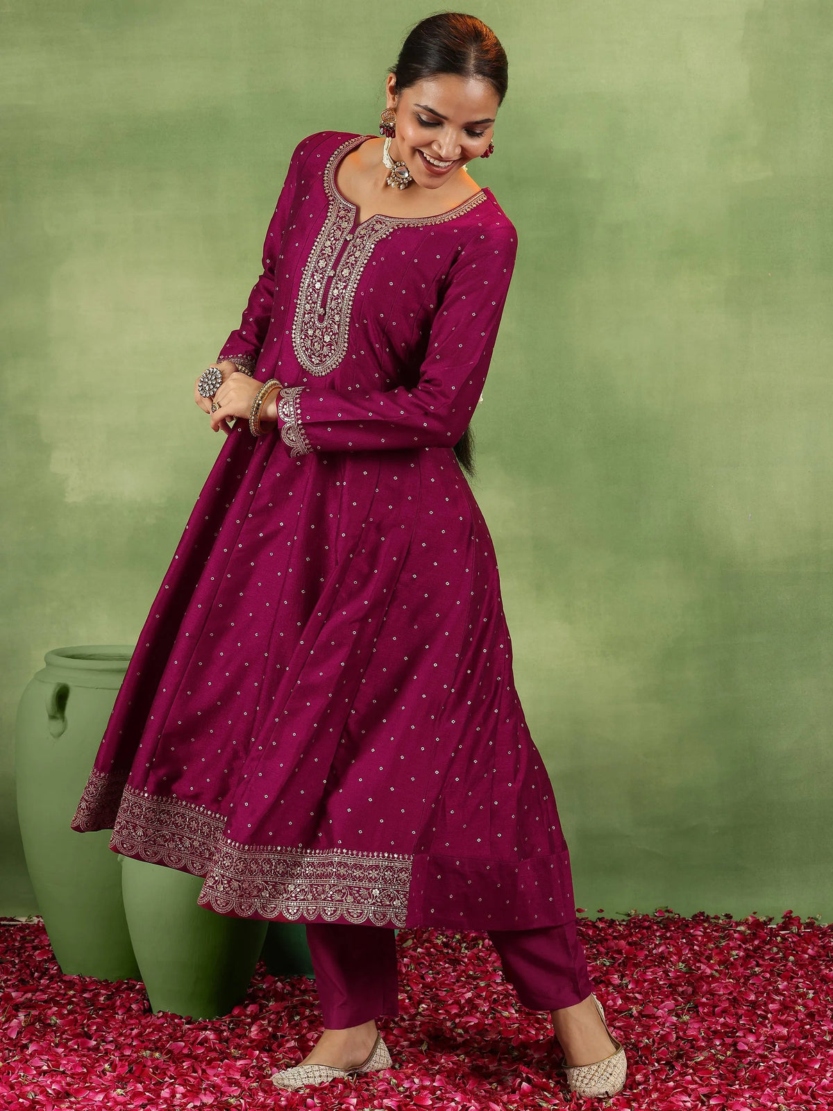 Libas Maroon Embroidered Silk Blend Anarkali Suit With Dupatta