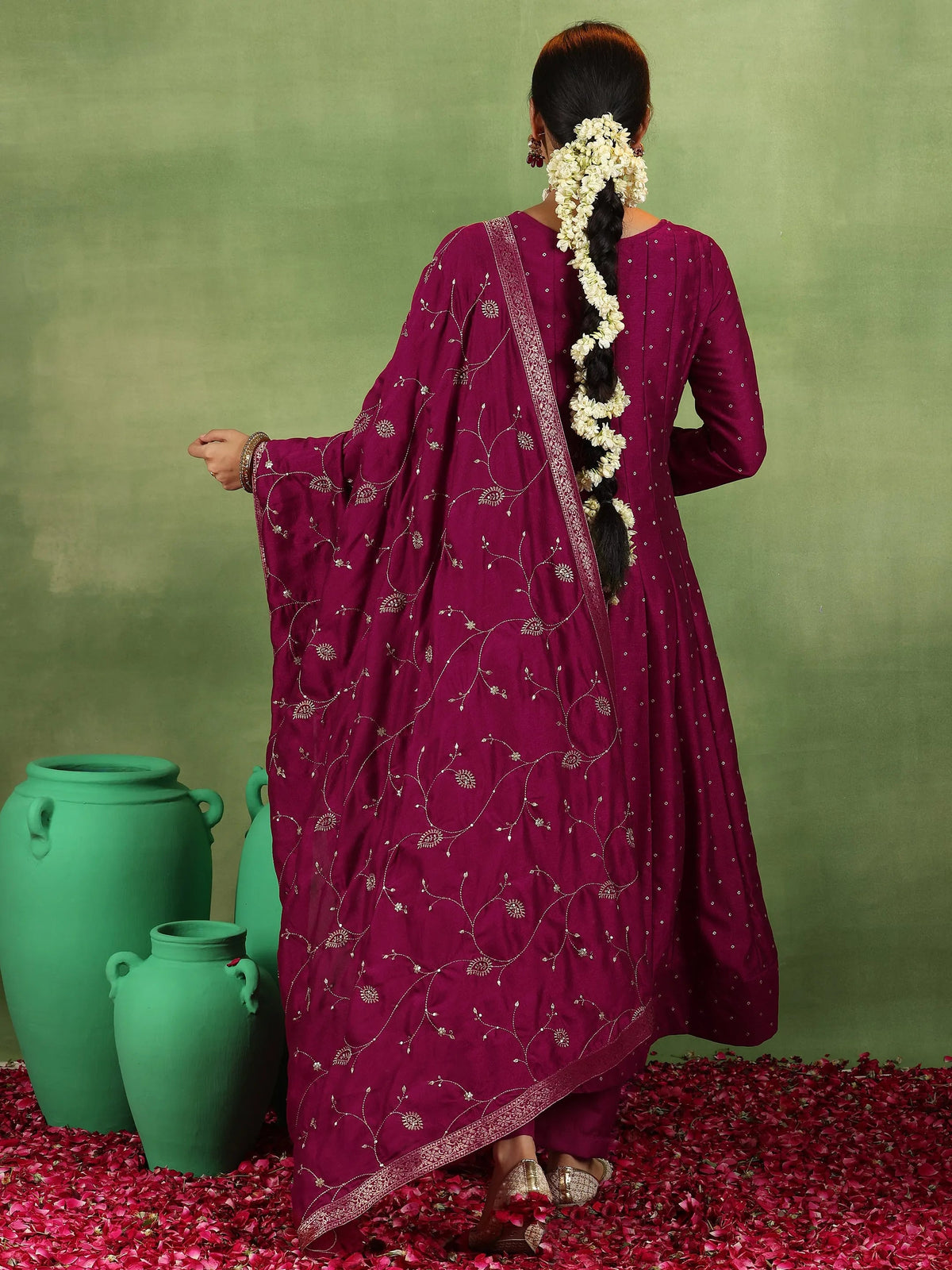 Libas Maroon Embroidered Silk Blend Anarkali Suit With Dupatta