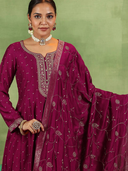Libas Maroon Embroidered Silk Blend Anarkali Suit With Dupatta
