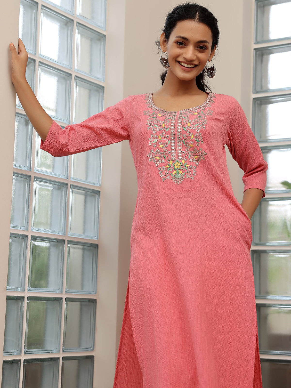 Libas Pink Yoke Design Polyester Straight Kurta