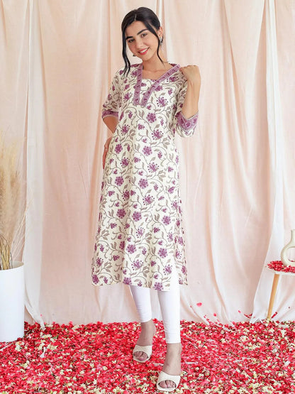 Libas Off White Printed Cotton Straight Kurta