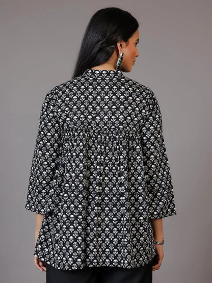 Gerua Black Printed Cotton Blend A-Line Kurti