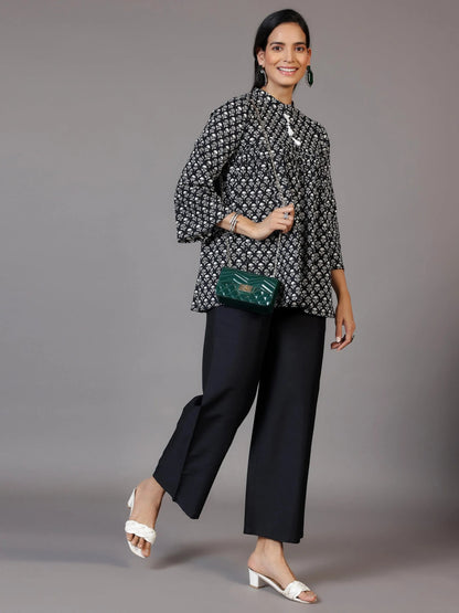 Gerua Black Printed Cotton Blend A-Line Kurti
