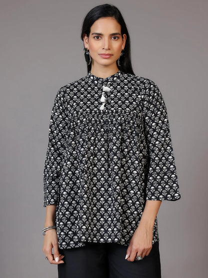 Gerua Black Printed Cotton Blend A-Line Kurti
