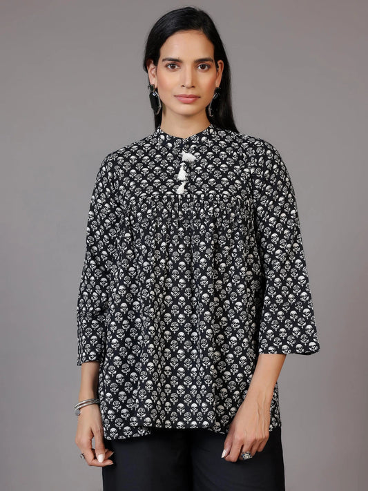 Gerua Black Printed Cotton Blend A-Line Kurti