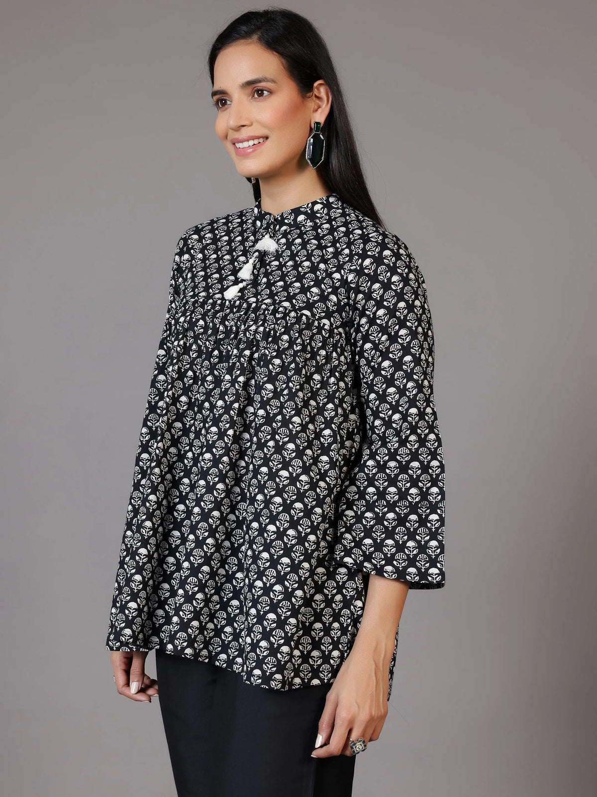 Gerua Black Printed Cotton Blend A-Line Kurti