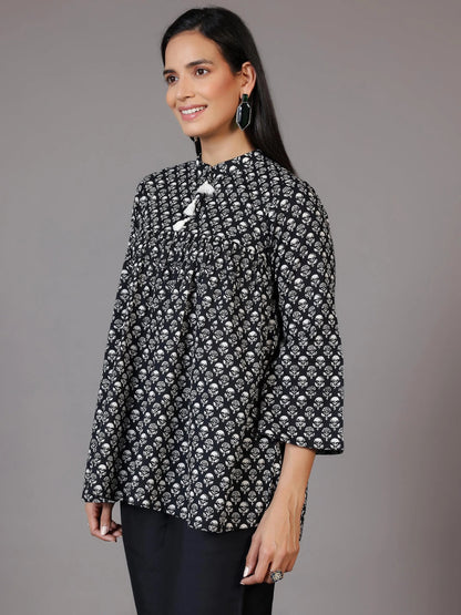 Gerua Black Printed Cotton Blend A-Line Kurti