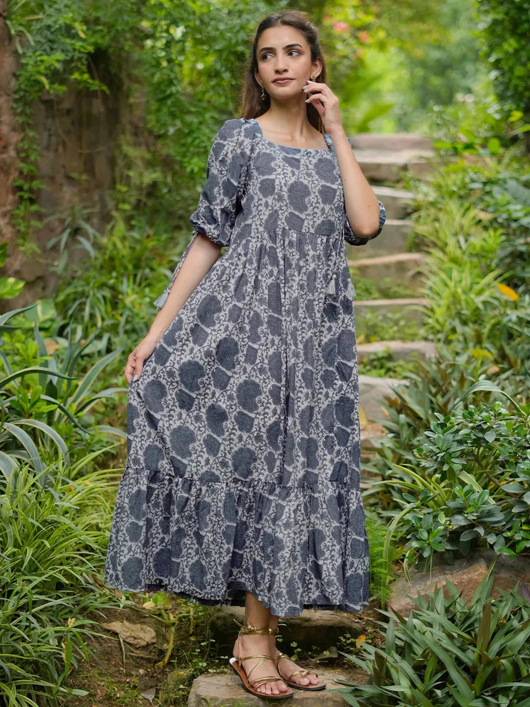 Libas Grey Printed Cotton Fit and Flare Dress
