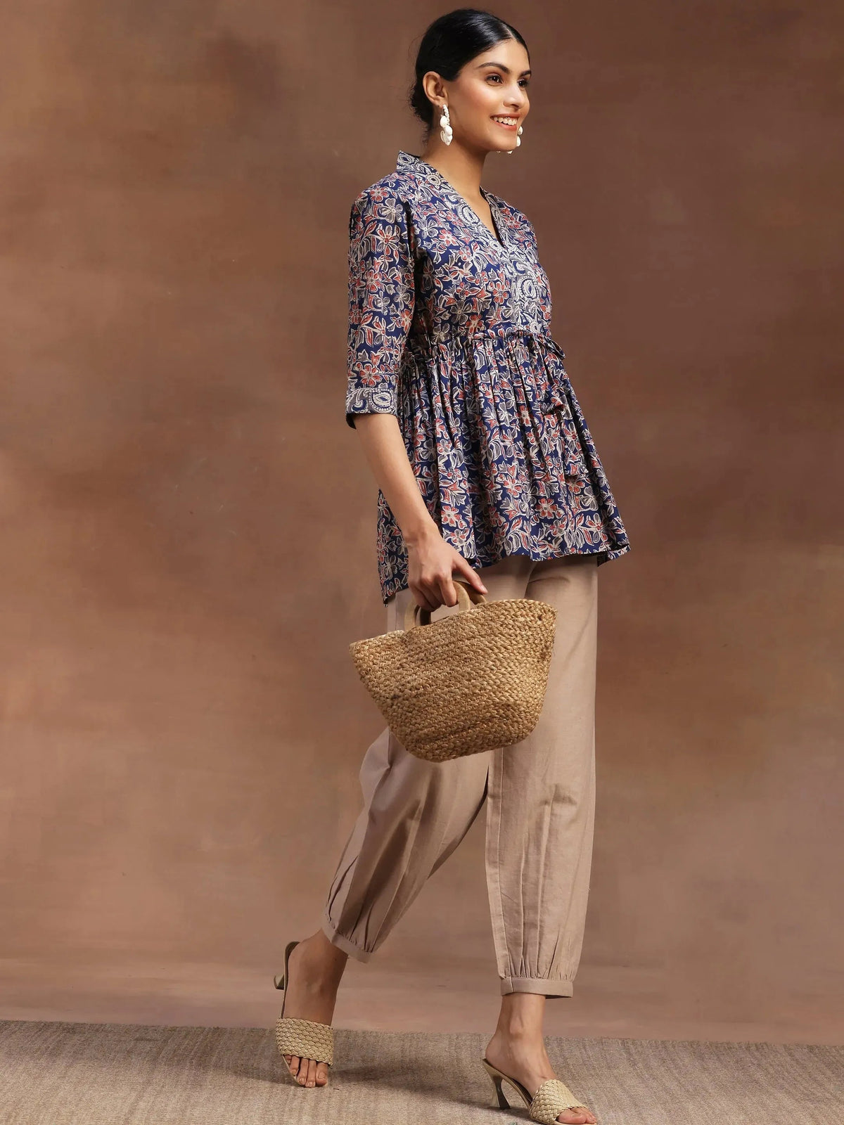 Libas Blue Printed Cotton A-Line Kurti