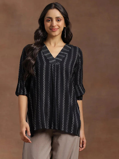 Libas Black Woven Design Silk Blend Straight Kurti