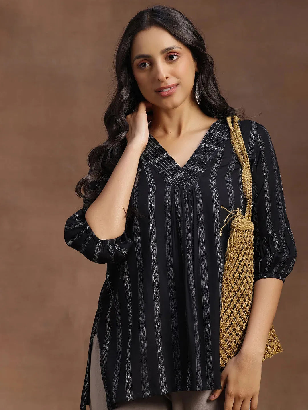 Libas Black Woven Design Silk Blend Straight Kurti