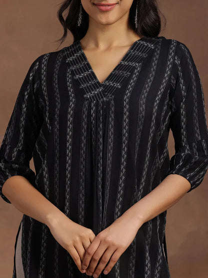 Libas Black Woven Design Silk Blend Straight Kurti
