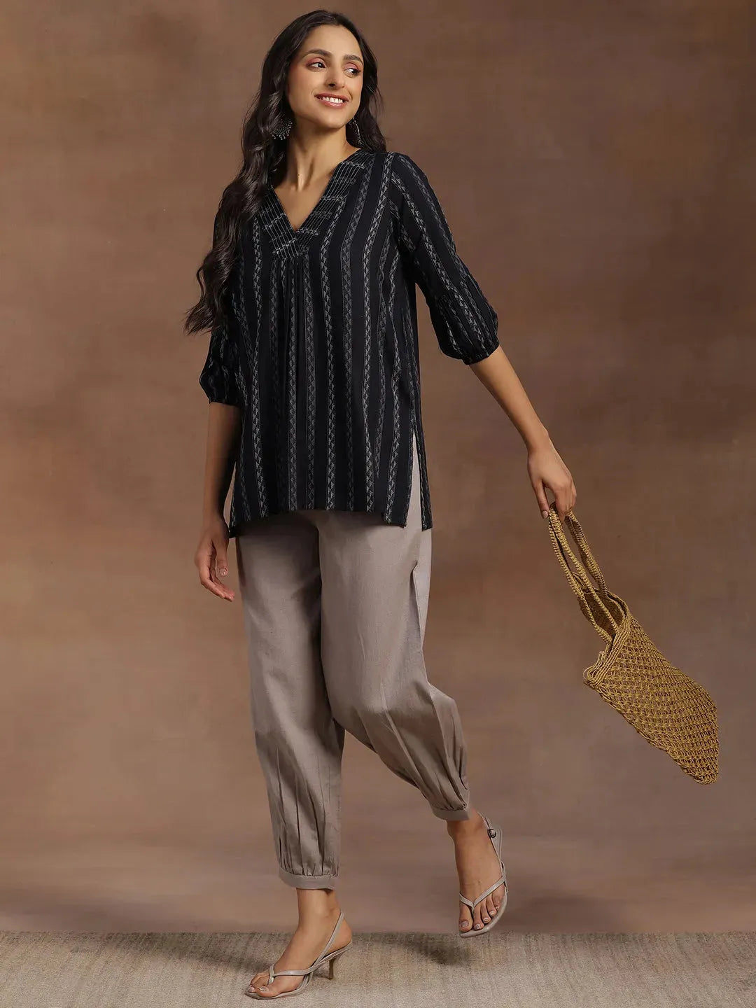 Libas Black Woven Design Silk Blend Straight Kurti