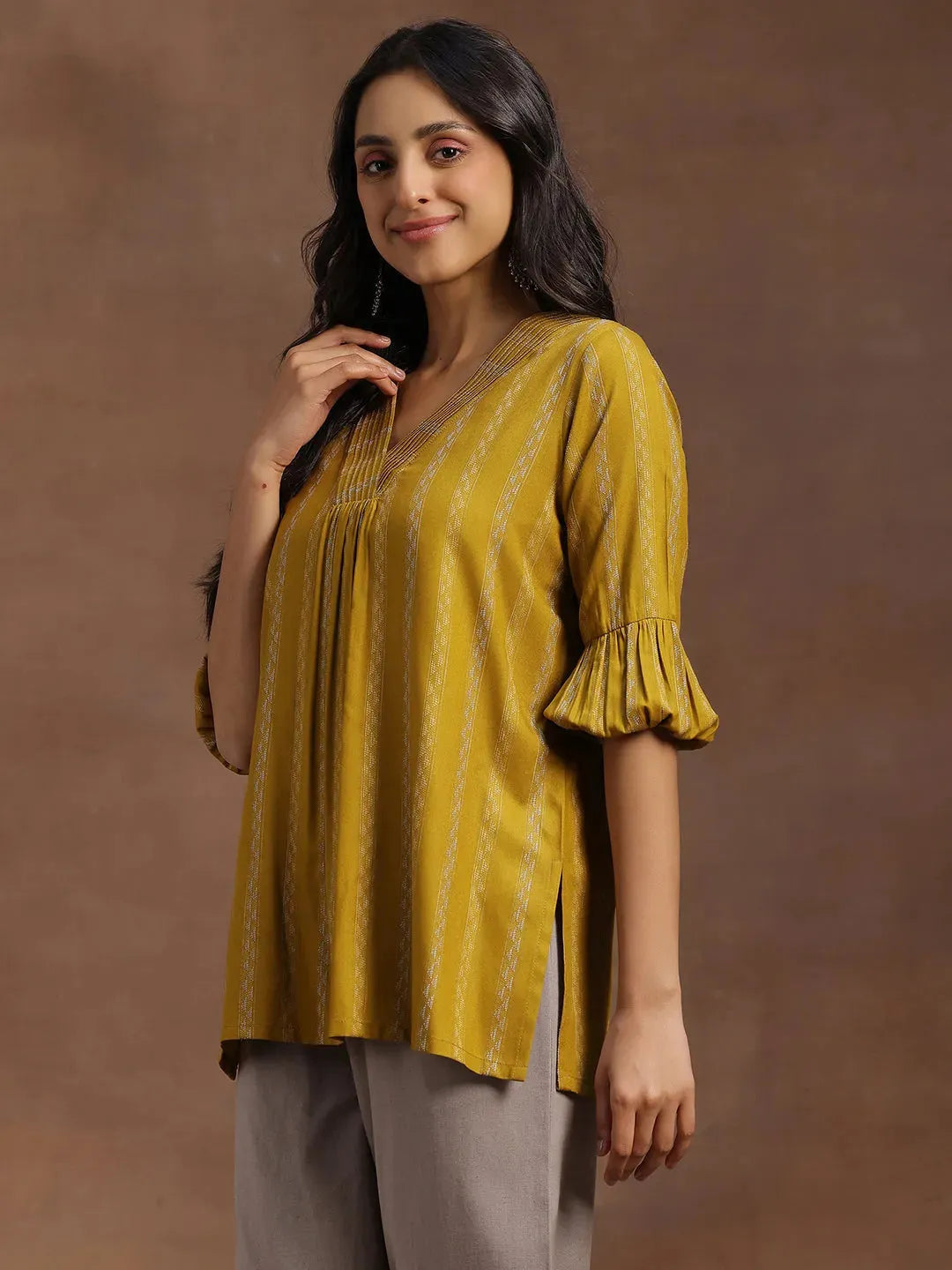 Libas Mustard Woven Design Rayon Straight Kurti